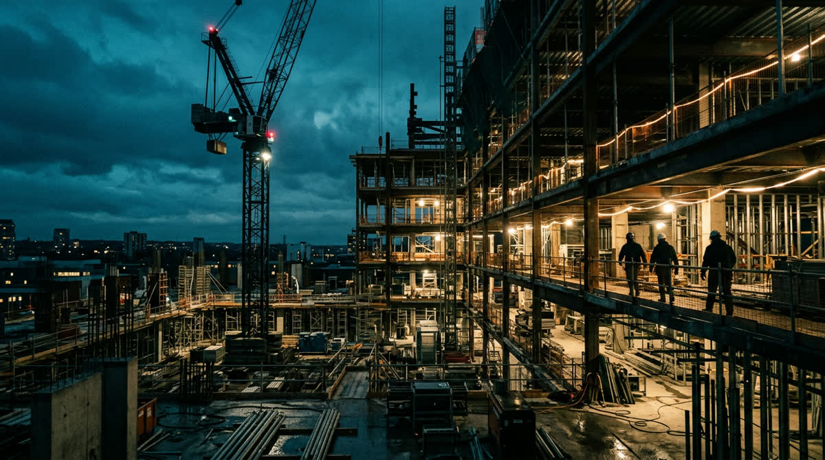Una obra en construcción a la hora azul, con grúa y estructura metálica expuesta.