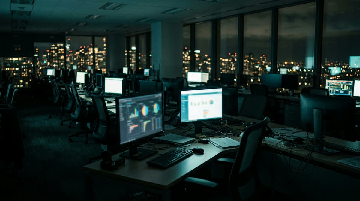 Una oficina comercial de noche, con filas de monitores encendidos.