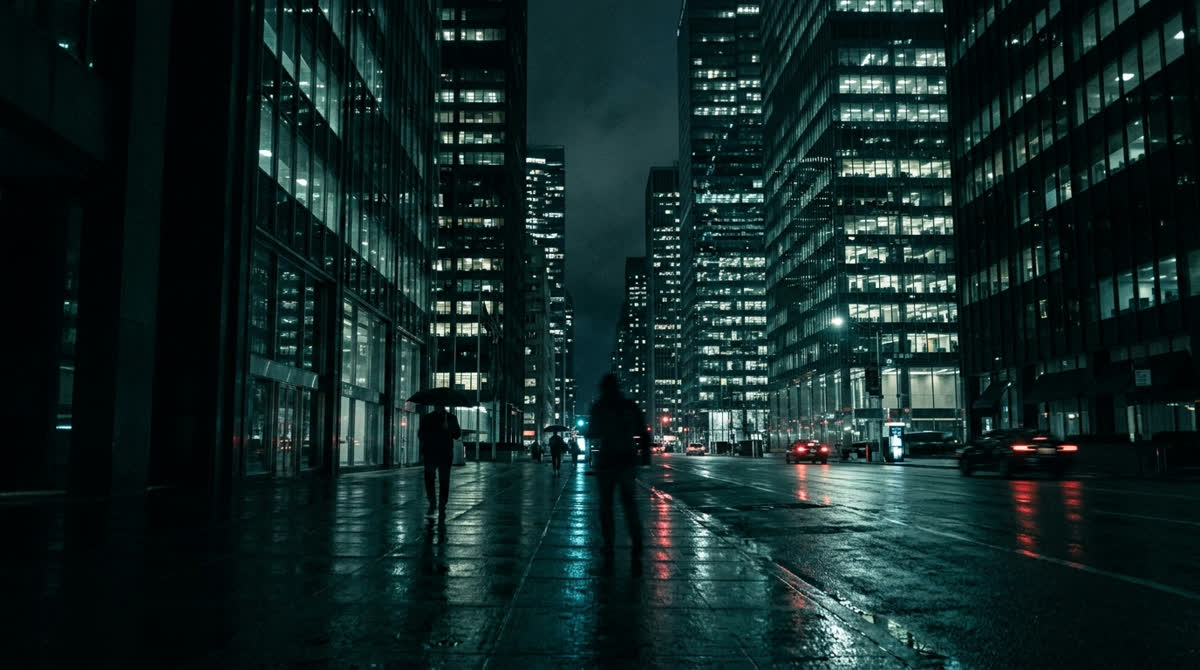 Distrito financeiro à noite, torres de vidro com andares iluminados.
