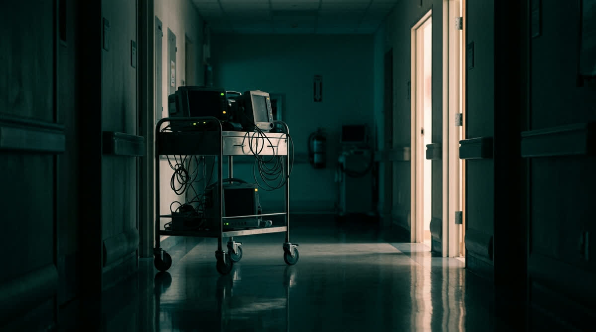 Corredor de hospital à noite, com equipamento de monitoração.