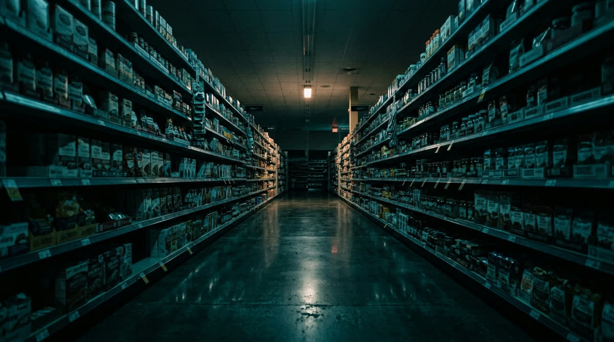 Corredor de supermercado após o fecho, prateleiras abastecidas.