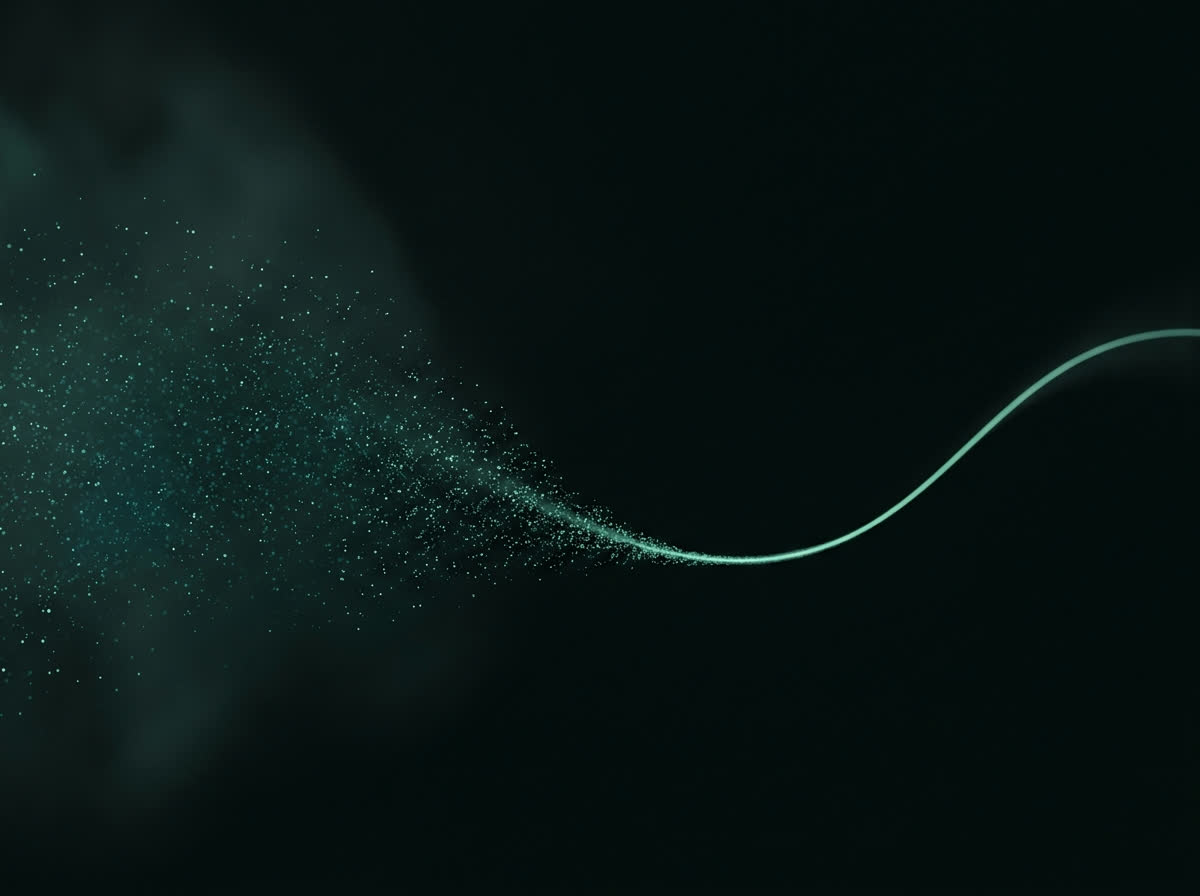 Partículas dispersas convergindo em um único traço contínuo de luz.