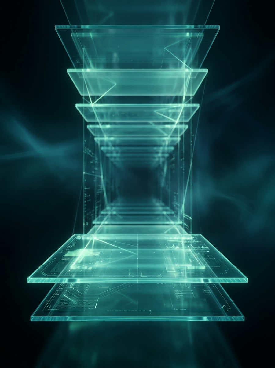 Planos de vidro em perspectiva ligados por feixes finos de luz.